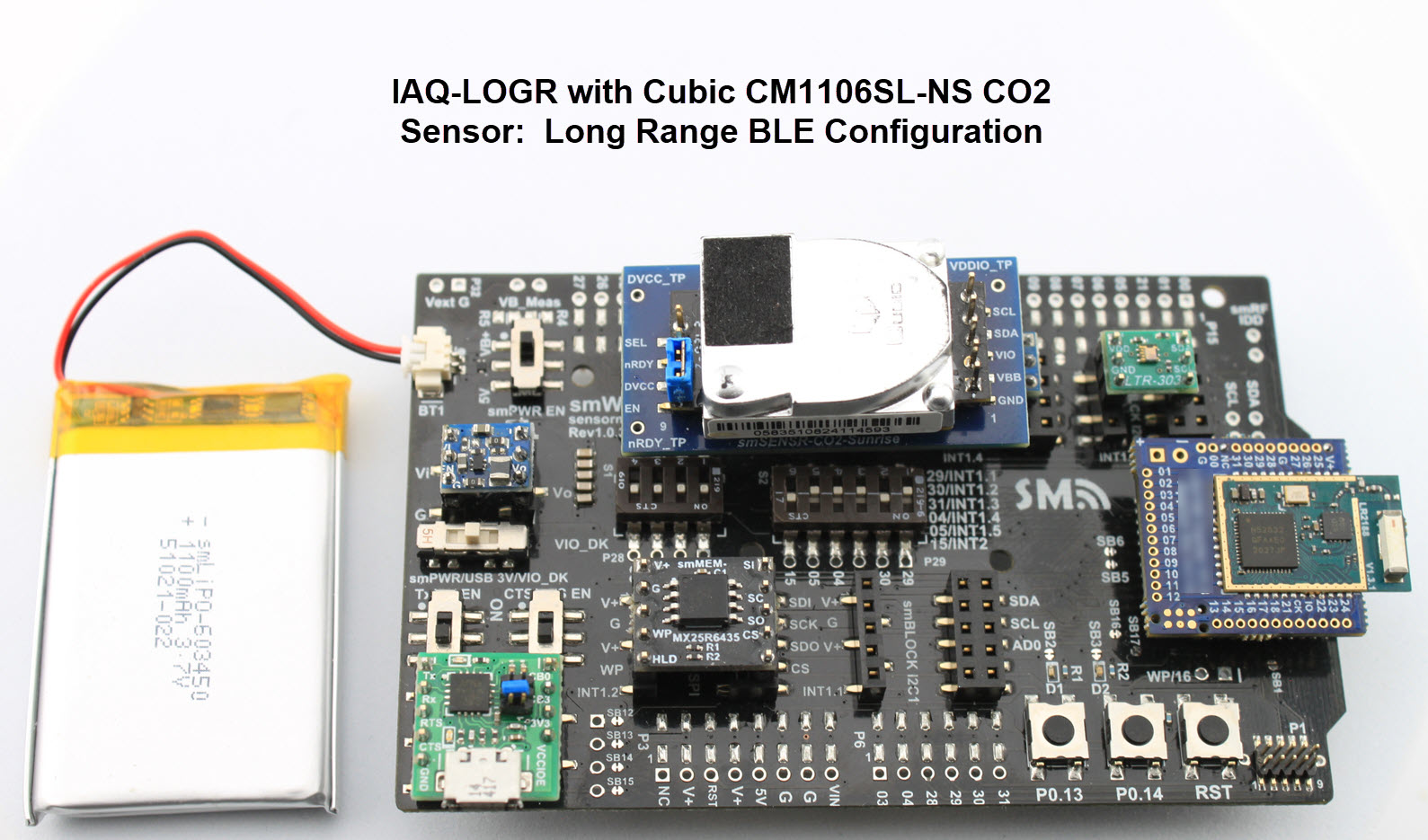 Open Source IAQ-LOGR Indoor Air Quality Wireless Data logger with Cubic CM1106SL CO2 sensor. Stand-Alone Configuration with Long Range BLE Module.