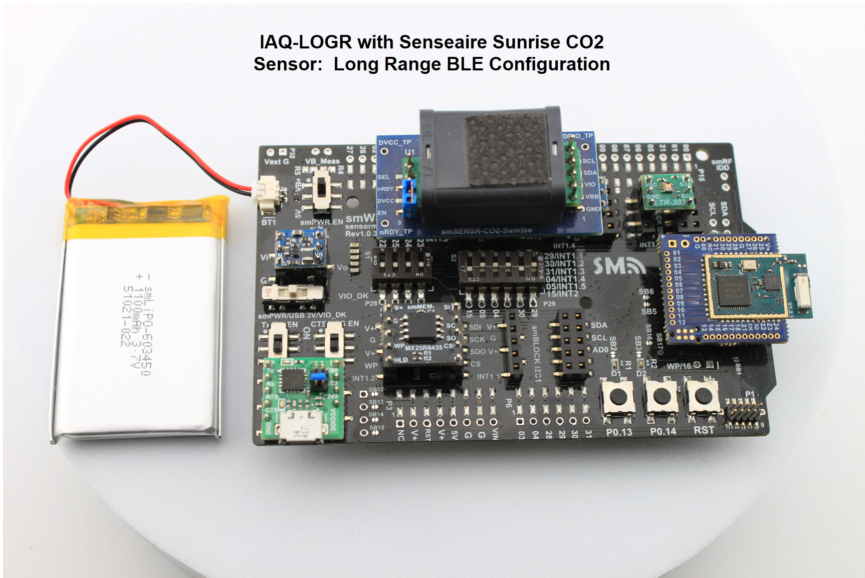 Open Source IAQ-LOGR Indoor Air Quality Wireless Data logger with Senseair Sunrise CO2 sensor. Stand-Alone Configuration with Long Range BLE Module.