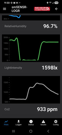 SENSR-LOGR Mobile App by Sensor Maestros Real Time Graph for LUX and CO2 readings for the Open Source Indoor Air Quality Data Logger application IAQ-LOGR