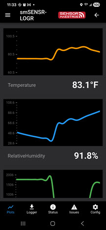 SENSR-LOGR Mobile App by Sensor Maestros Real Time Graph for Temperature and Humidity readings for the Open Source Indoor Air Quality Data Logger application IAQ-LOGR