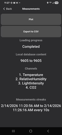 SENSR-LOGR Mobile App by Sensor Maestros Synchronization Status for the Open Source Indoor Air Quality Data Logger application IAQ-LOGR