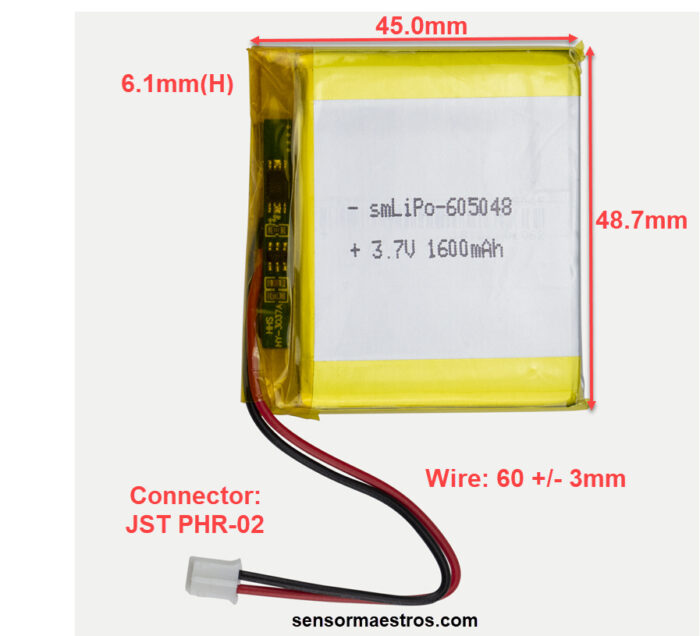 605048 1600mAh Lithium Dimensions