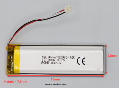 1000mAh Lithium Polymer Nicla Sense and Portena H7 Compatible with 10K NTC smLiPo-702260-1000mAh-10K Pic with dimensions