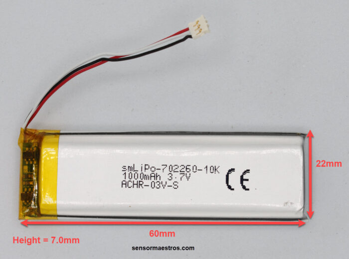 1000mAh Lithium Polymer Nicla Sense and Portena H7 Compatible with 10K NTC smLiPo-702260-1000mAh-10K Pic with dimensions