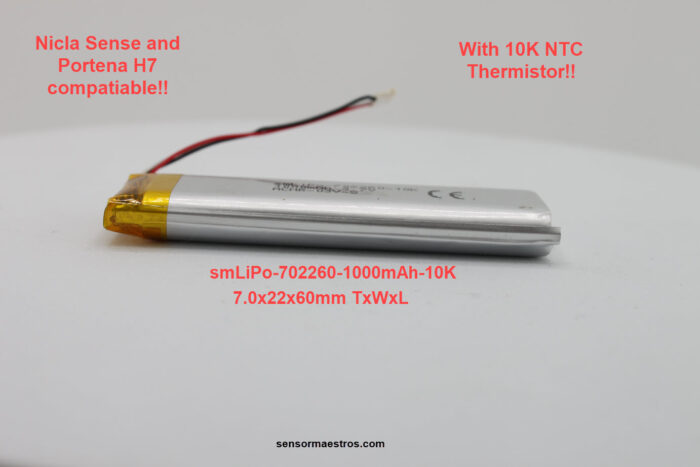 1000mAh Lithium Polymer Nicla Sense and Portena H7 Compatible with 10K NTC smLiPo-702260-1000mAh-10K Side Pic