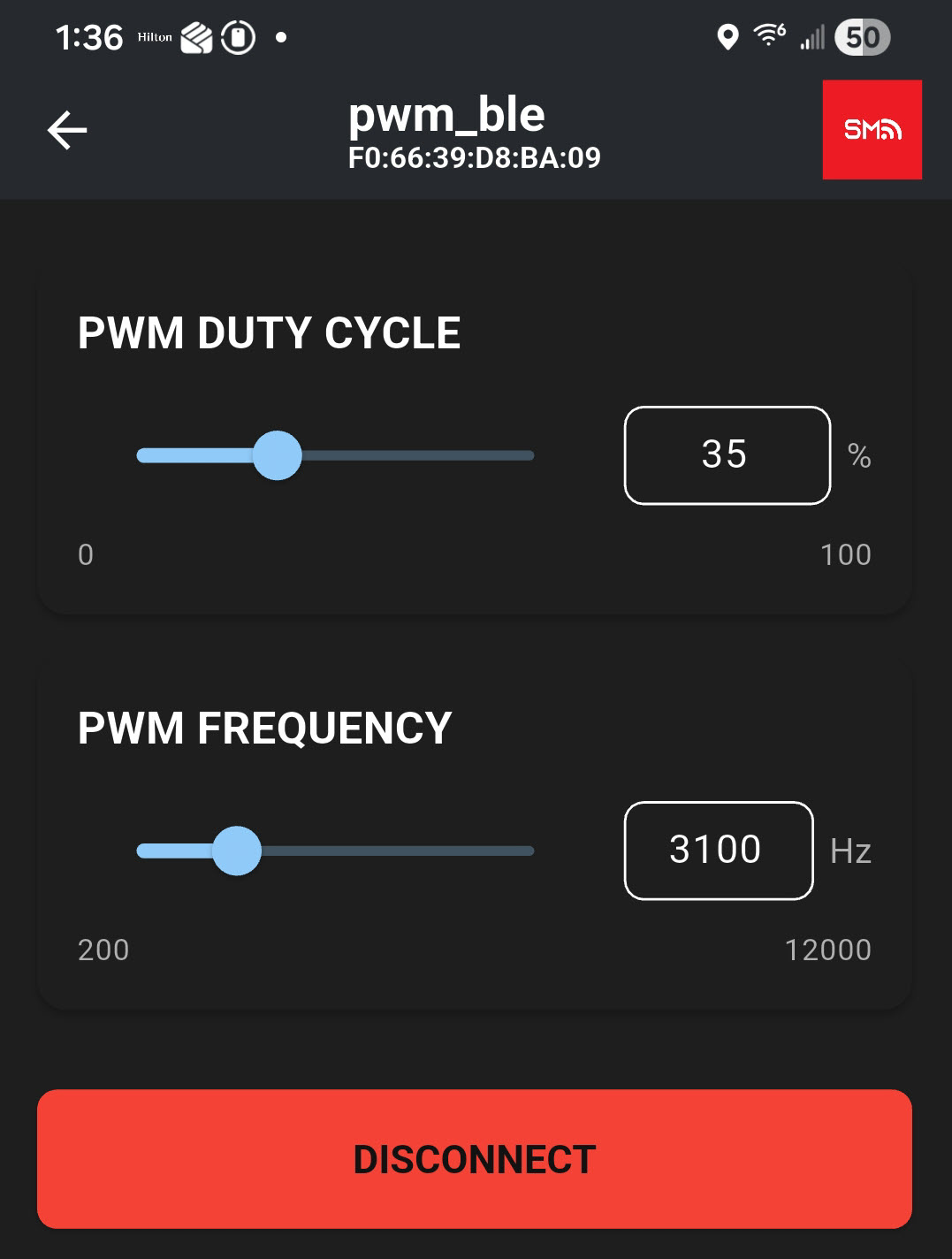smPWM BLE Flutter mobile app to configure smPWM BLE nRF52 firmware application to control PWM DUTY CYCLE and PWM FREQUENCY.