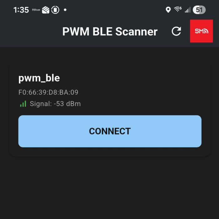smPWM BLE Flutter mobile app Scanner View to configure smPWM BLE nRF52 firmware application to control PWM DUTY CYCLE and PWM FREQUENCY.