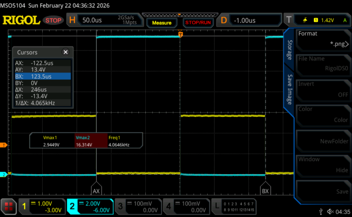 PAM8904 3X Mode 4kHz PWM Scope Plot from smPWM BLE nRF52 firmware.
